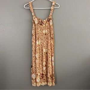 VTG Neelam Hibiscus Hawaiian Floral Smocked Dress Free Size Tan Brown Sundress